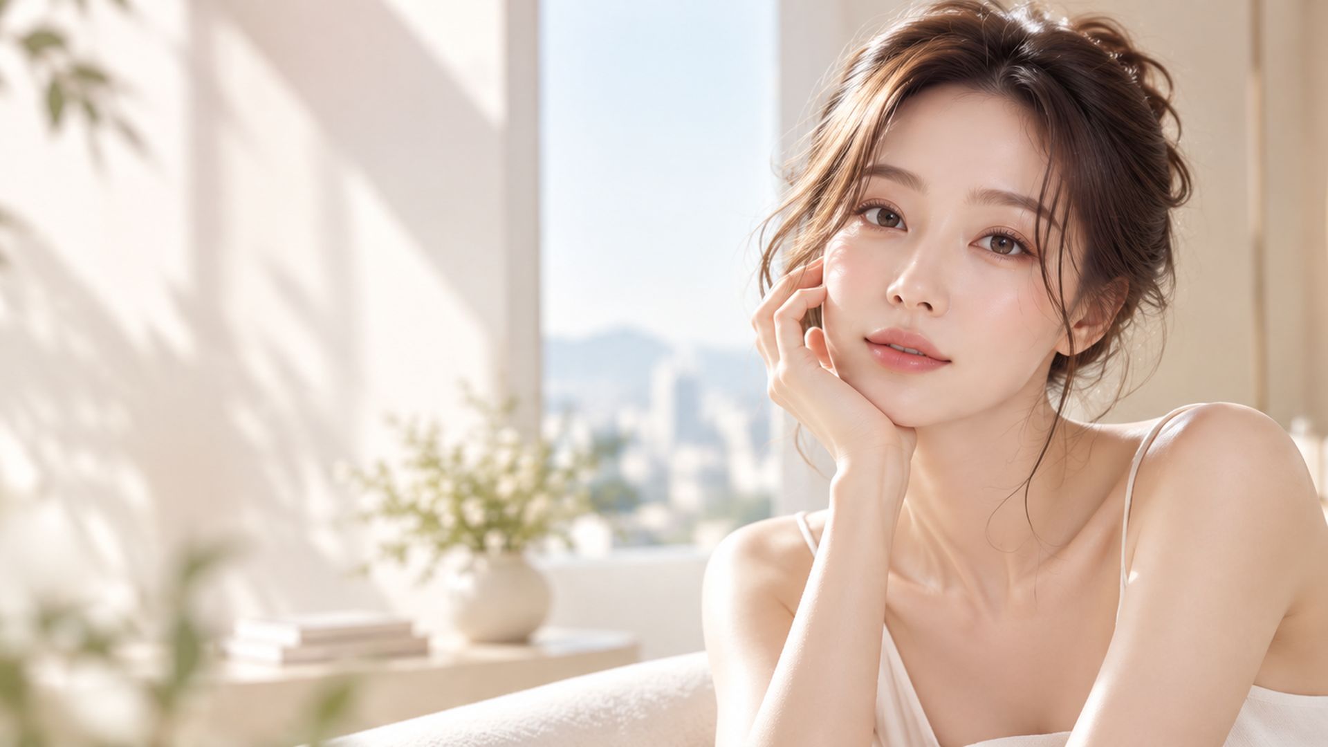 오션뷰 창가에서 휴식하는 인물 이미지